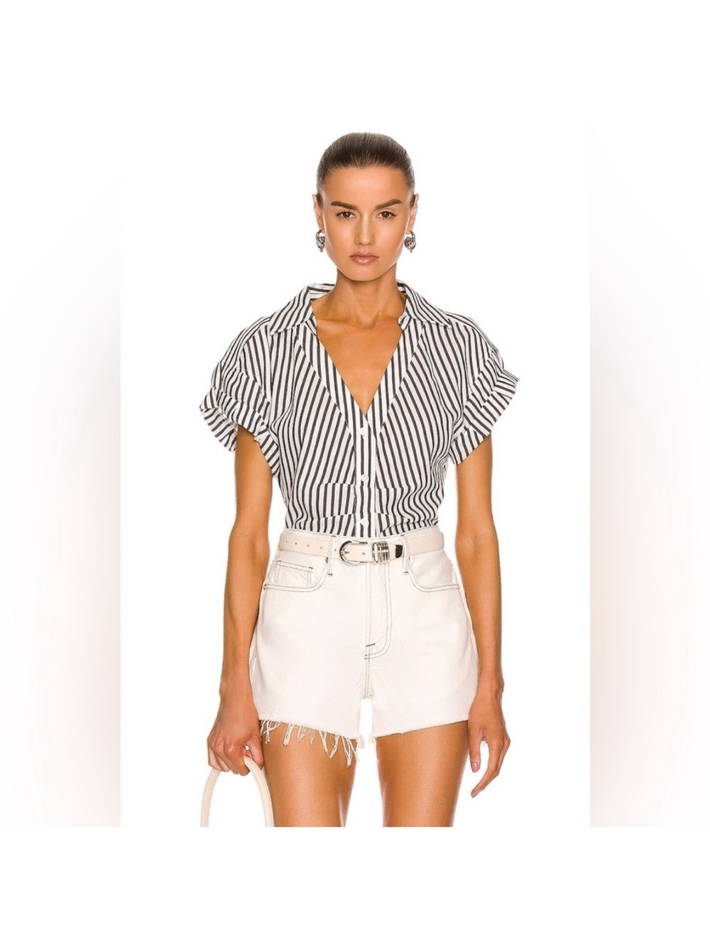 Frame Denim Black and White Striped Button-Down Top